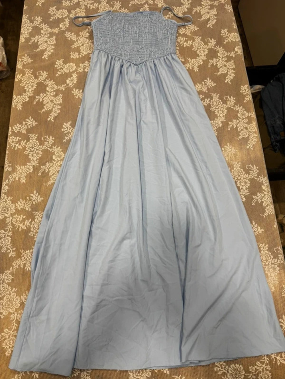 long baby blue dress with ruched top